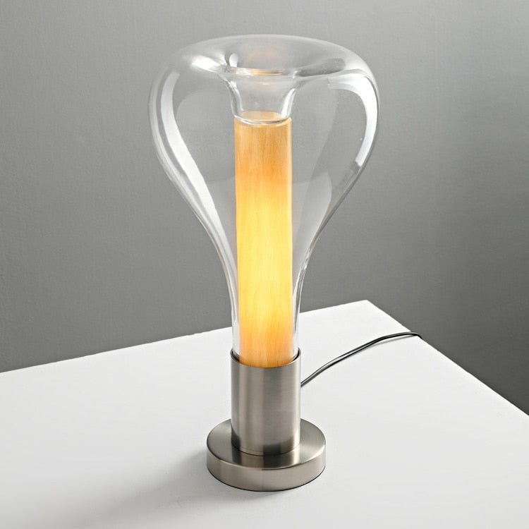 Lampe de table design en verre transparent avec tube jaune