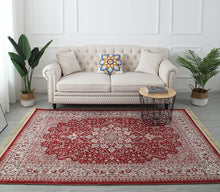 Chargement de l&#39;image dans la visionneuse de la galerie, Un tapis au style vintage de couleur rouge dans un salon
